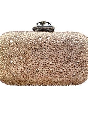 ALEXANDER MCQUEEN PINK GOLD CRYSTAL LEATHER SKULL SPIDER CLUTCH $2990
